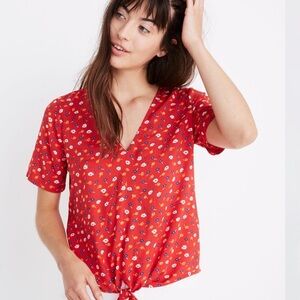 Madewell Novel Tie-Front Top in Prairie Posies Red Floral Size Small
